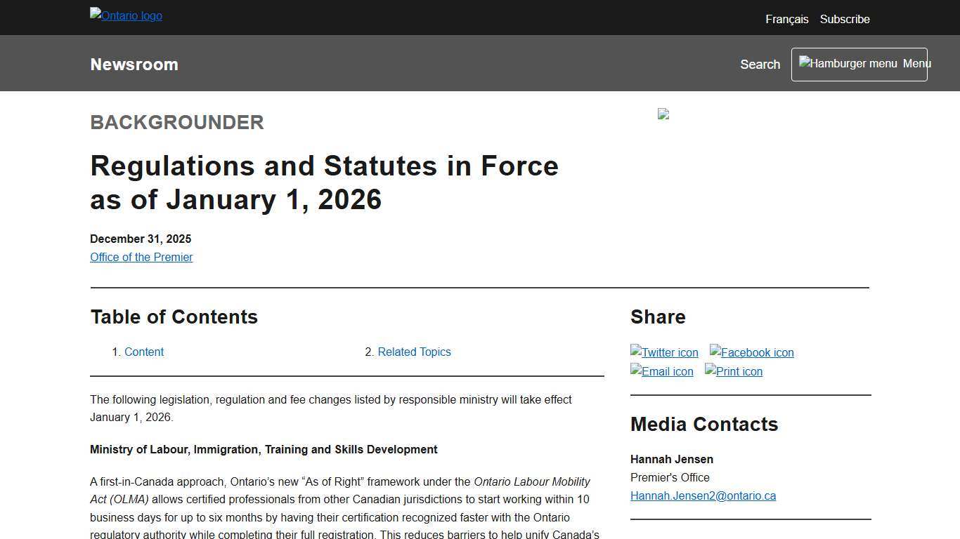 Regulations and Statutes in Force as of January 1, 2026 Ontario Newsroom