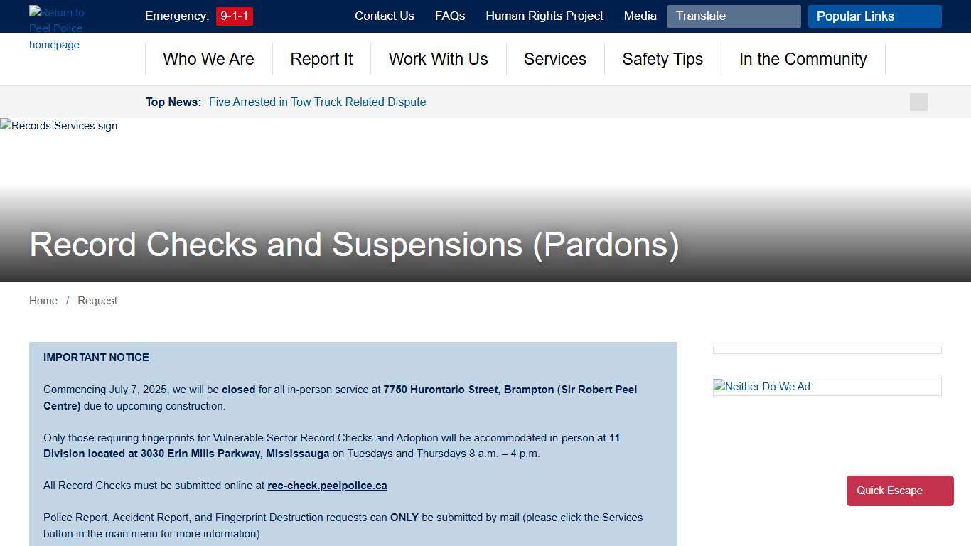 Record Checks and Suspensions Pardons - Peel Regional Police